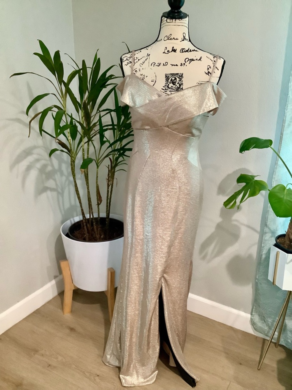 Night Way Collections Rose Gold Metallic Off-Shoulder Evening Dress